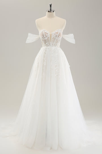 Prinsesse Off The Shoulder Sweep Train Tyll Korsett brudekjole med Appliques